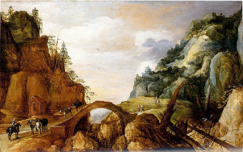 Joos de Momper mountainous landscape with horsemen and travellers crossing a bridge. France oil painting art